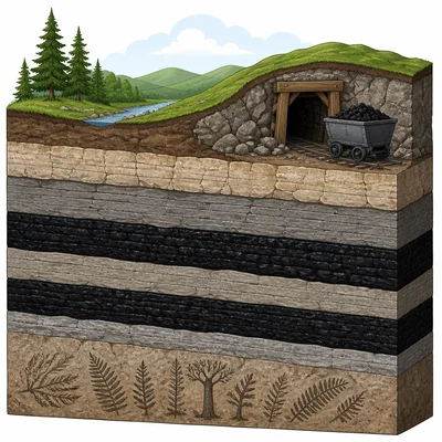 Underground coal seam with rock layers, fossil plants, and a coal mine.