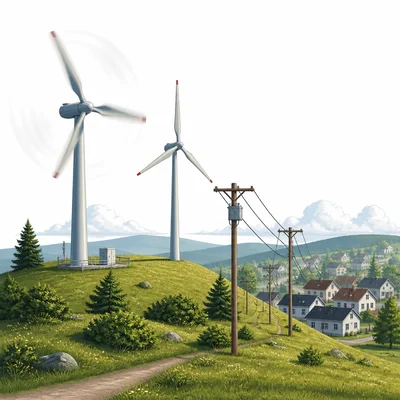 Wind turbines on a hill sending electricity to a nearby town.