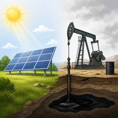 Solar panels in sunlight beside an oil pumpjack and oil barrel.