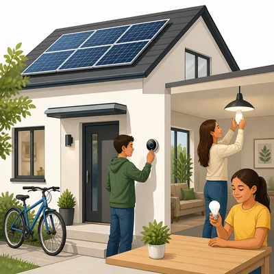 Home with solar panels, efficient lighting, thermostat use, and a bicycle.