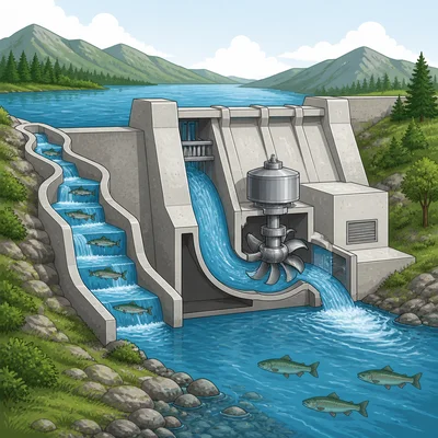 Hydropower dam with flowing water, turbine, and fish in the river.