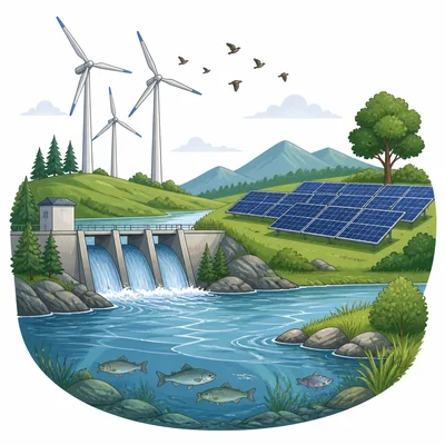 Renewable energy sources shown with nearby wildlife and land impacts.
