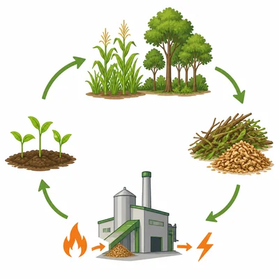 Biomass cycle showing plants, plant waste, energy production, and replanting.
