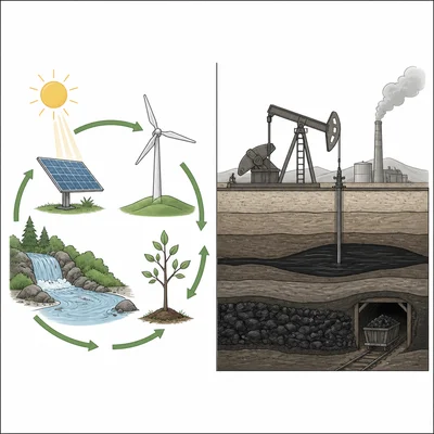 Comparison diagram of renewable resources like sun, wind, water, and trees versus nonrenewable fossil fuels underground.