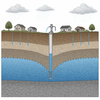 Cross-section showing rain refilling an aquifer while a community well pumps groundwater and lowers the water table.