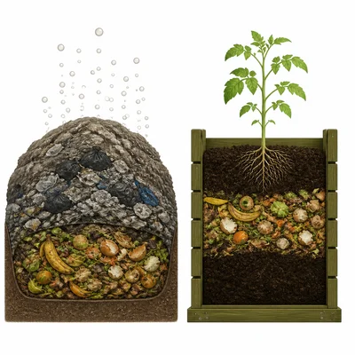 Diagram comparing food scraps in a landfill releasing gas with food scraps composting into soil for plant growth.