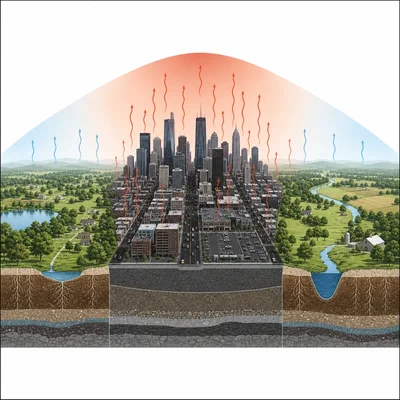 Diagram of a warmer city center with pavement and buildings compared with cooler rural areas with vegetation.