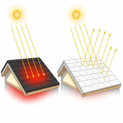 Comparison of dark and light roofs showing sunlight absorption and reflection.