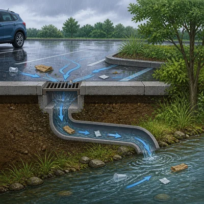 Rain washes litter from a parking lot into a storm drain that leads to a creek.