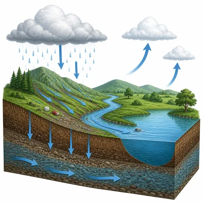 Water cycle diagram showing rain, runoff, rivers, and groundwater carrying pollution from land to water.