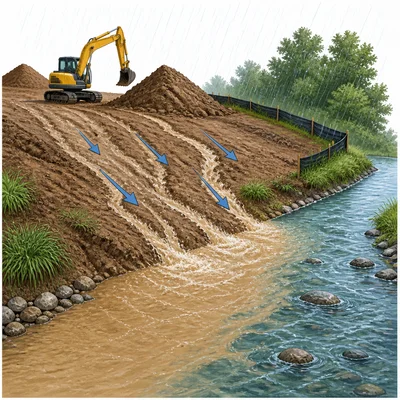 Rain washes loose soil from a construction site into a nearby stream.