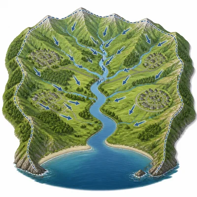 A watershed shows water from distant homes and roads draining into the same river.