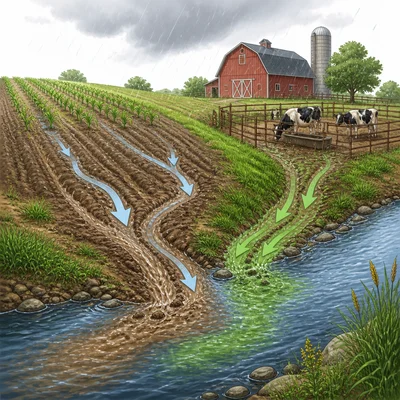 Farm runoff carries soil and waste toward a stream.
