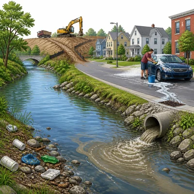 A town river scene with litter, dirty runoff, car wash water, and construction mud near the water.