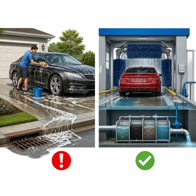 Driveway car washing sends soapy water to a storm drain, while a car wash treats its water.