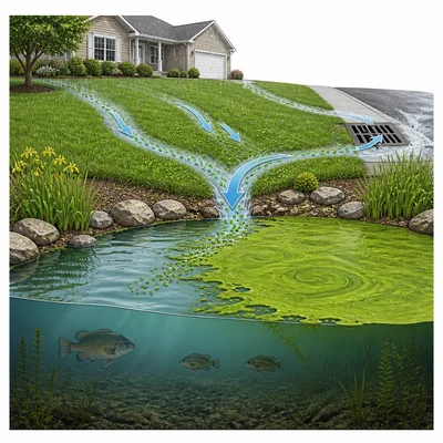 Fertilizer runoff from a lawn flows into a pond and causes algae growth.