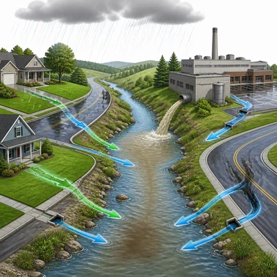 A creek receives pollution from one factory pipe and runoff from roads and lawns.