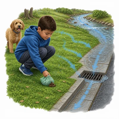 Picking up pet waste prevents it from washing into storm drains and streams.