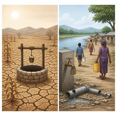 Split scene showing dry land with no water and a community near water but lacking access.
