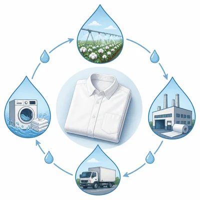 Product surrounded by water droplets and production stages showing water footprint.