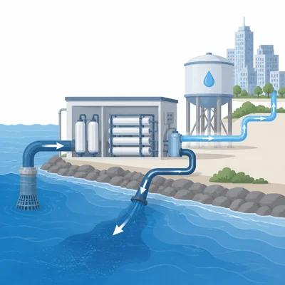 Coastal desalination plant turning seawater into drinking water.