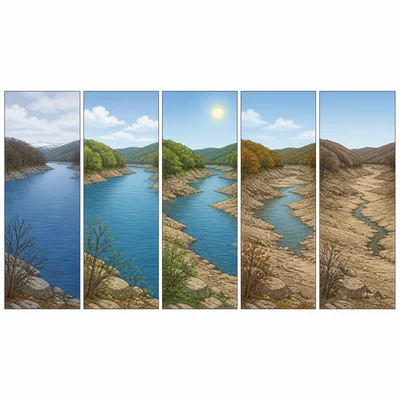 Sequence of reservoir water levels dropping over time.