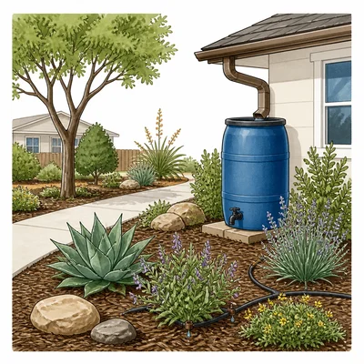 Water-wise yard with native plants, mulch, rain barrel, and efficient watering.