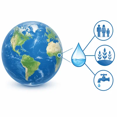 Earth’s oceans contrasted with a small amount of usable freshwater for people and crops.