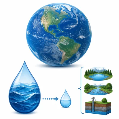 Globe with large ocean water symbol and a much smaller freshwater droplet.
