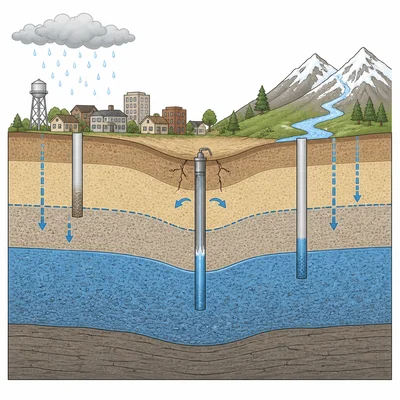 Cross-section of a town pumping groundwater faster than an aquifer refills.