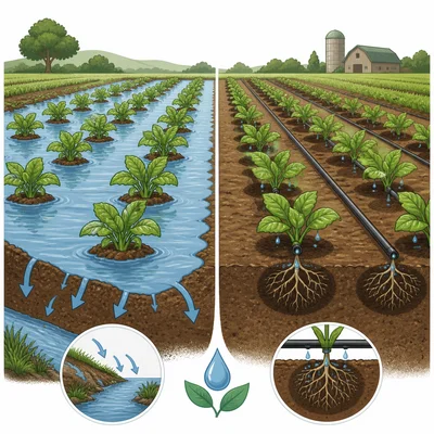 Farm field comparing flood irrigation with drip irrigation at plant roots.