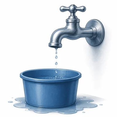 Leaky faucet dripping water into a container.
