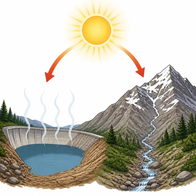 Warm sun, shrinking reservoir, evaporation, and reduced mountain snowpack.