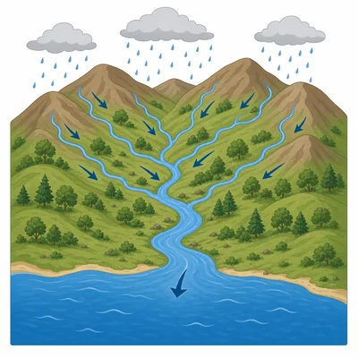 A watershed with streams flowing downhill from surrounding hills into a larger body of water.