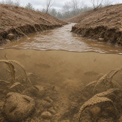 A muddy stream after rain with sediment clouding the water and affecting aquatic life.