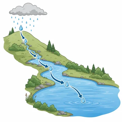 A raindrop moving from a hilltop through a stream and river into a lake.