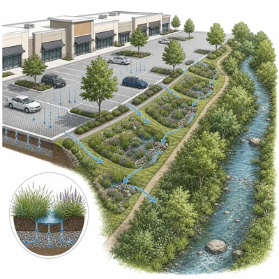 A shopping center near a creek with permeable pavement, rain gardens, and a vegetated buffer to reduce runoff.