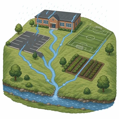 A school roof, parking lot, soccer field, and garden all draining toward the same creek.