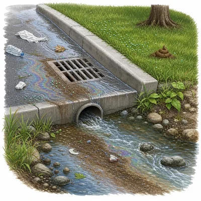 Stormwater carrying litter, soil, fertilizer, oil, and pet waste toward a stream.