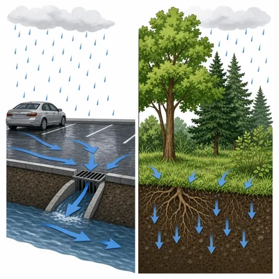 Rain runs off pavement but soaks into soil in a forested grassy area.
