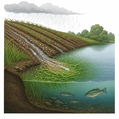 Fertilizer runoff from a farm field flows into a pond and encourages algae growth.