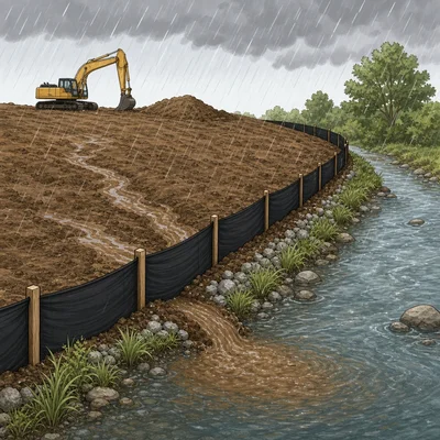 Muddy runoff from bare construction soil near a stream, with an erosion barrier to reduce pollution.