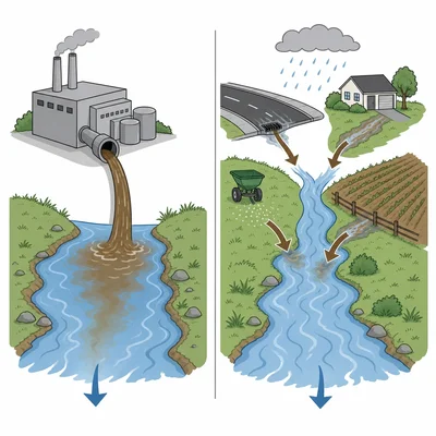 A single pipe polluting a river compared with runoff from several scattered land areas.
