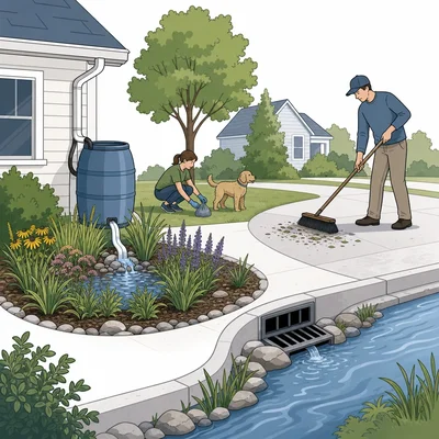 Neighborhood practices that reduce runoff pollution, including a rain garden, rain barrel, pet waste cleanup, and sweeping.