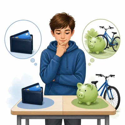 Student choosing between spending money from a wallet and saving money in a piggy bank for a bike.