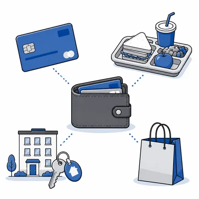 Checking account shown with everyday expenses such as rent, lunch, and purchases.