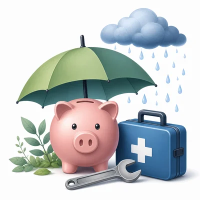 Piggy bank protected by an umbrella with emergency items nearby.