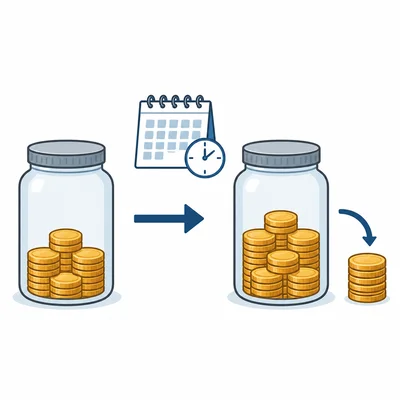 Savings growing as extra coins are added over time to represent interest.