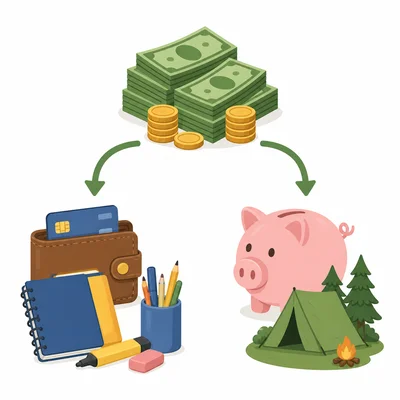 Money split between checking for school needs and savings for summer camp.