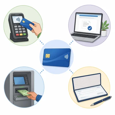 Examples of checking account uses: debit card, online bill pay, ATM cash, and checkbook.